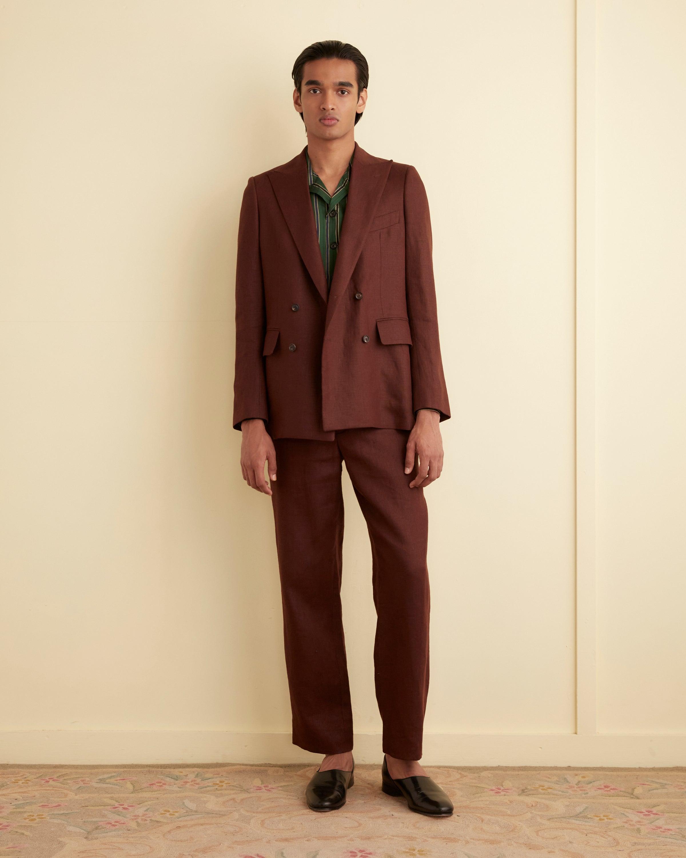 Linen Double-Breasted Suit Jacket - Chocolate