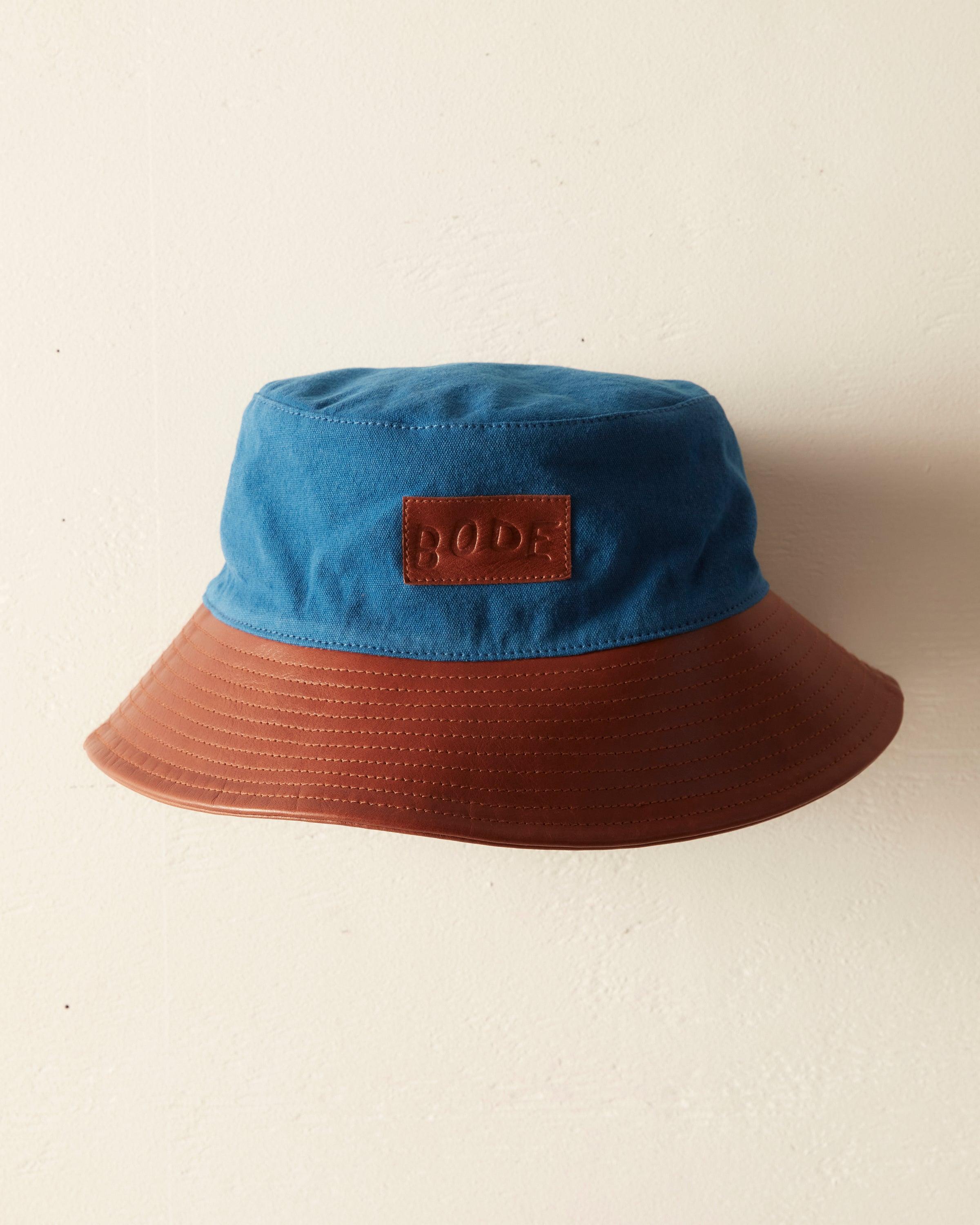 Leather Brim Bucket Hat - Tan/Blue