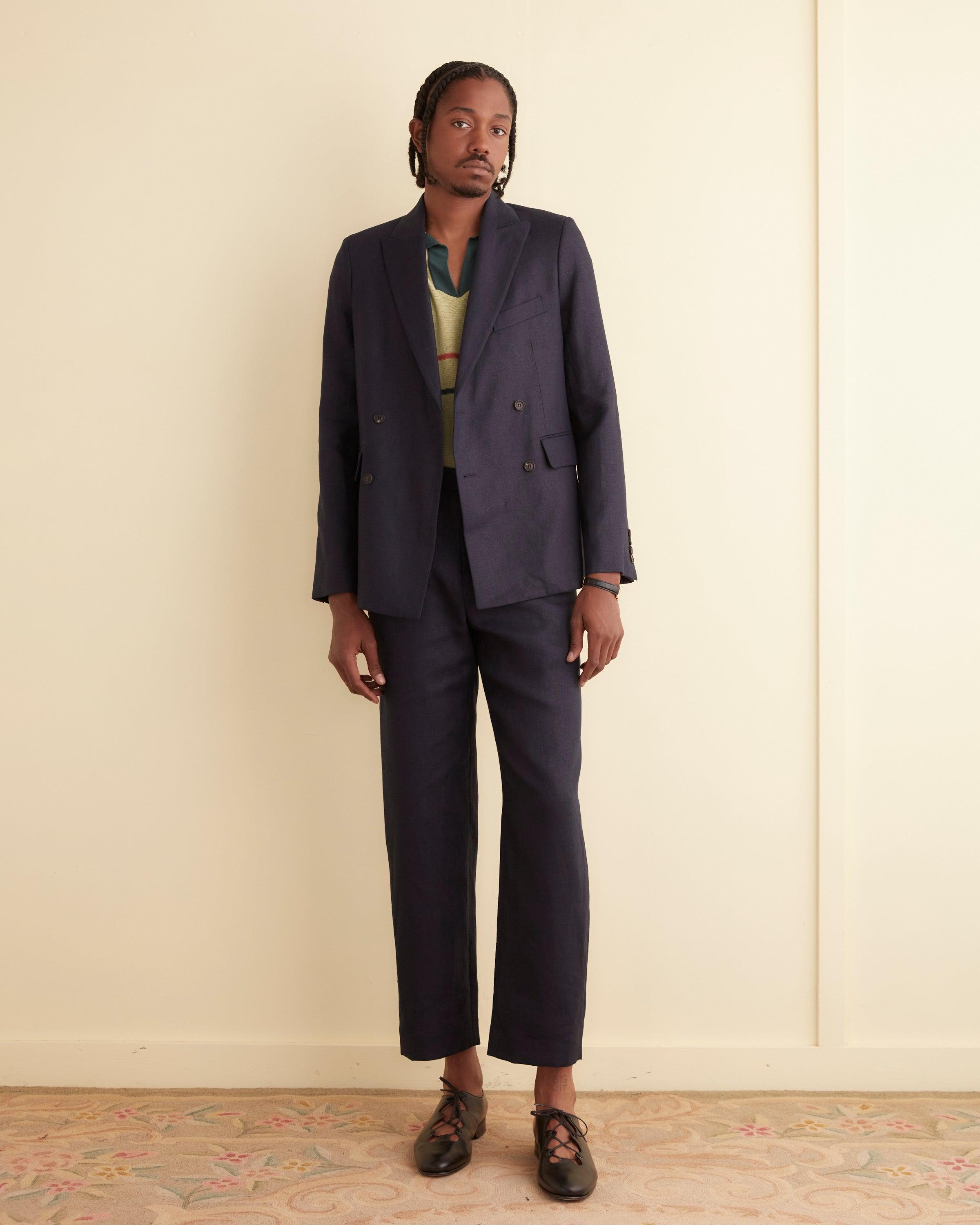 Linen Double-Breasted Suit Jacket - Midnight