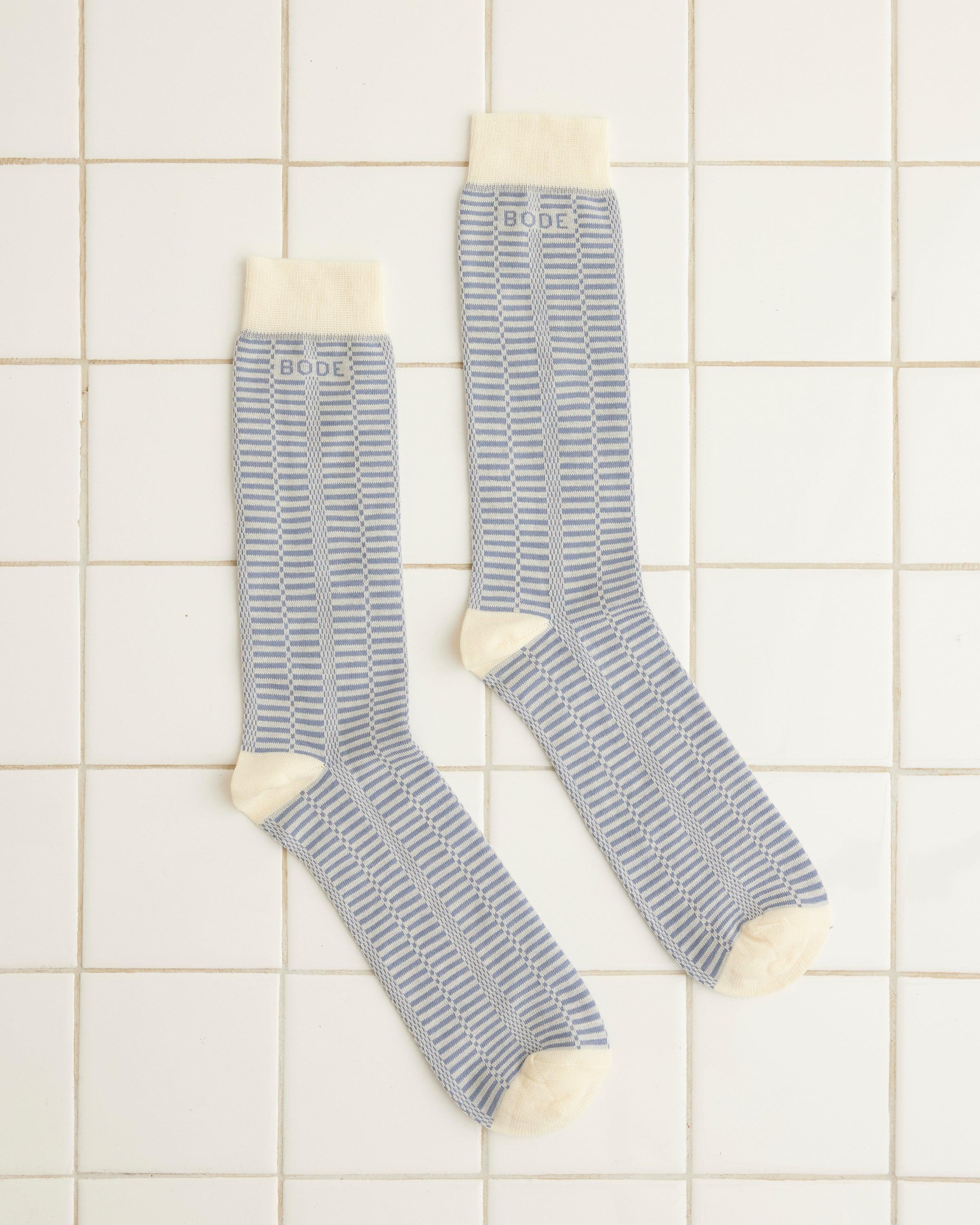 Micro Check Socks - Blue/Cream