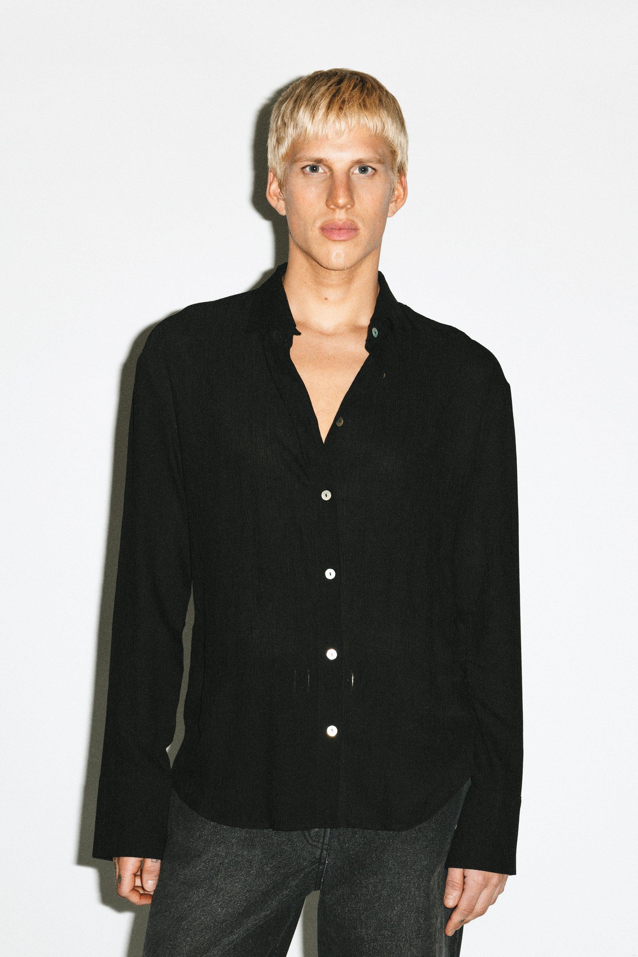 Del Aire Semi-Sheer Gauze Button Up  |  Black