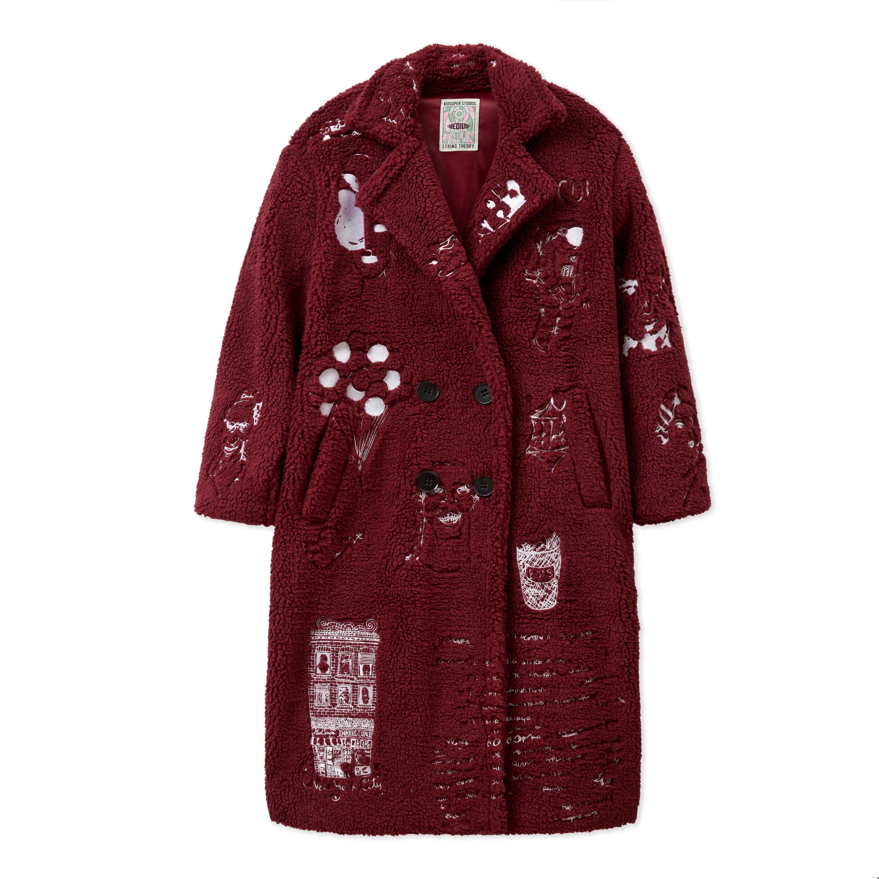 Embroidered Sherpa Fleece Overcoat [Burgundy]