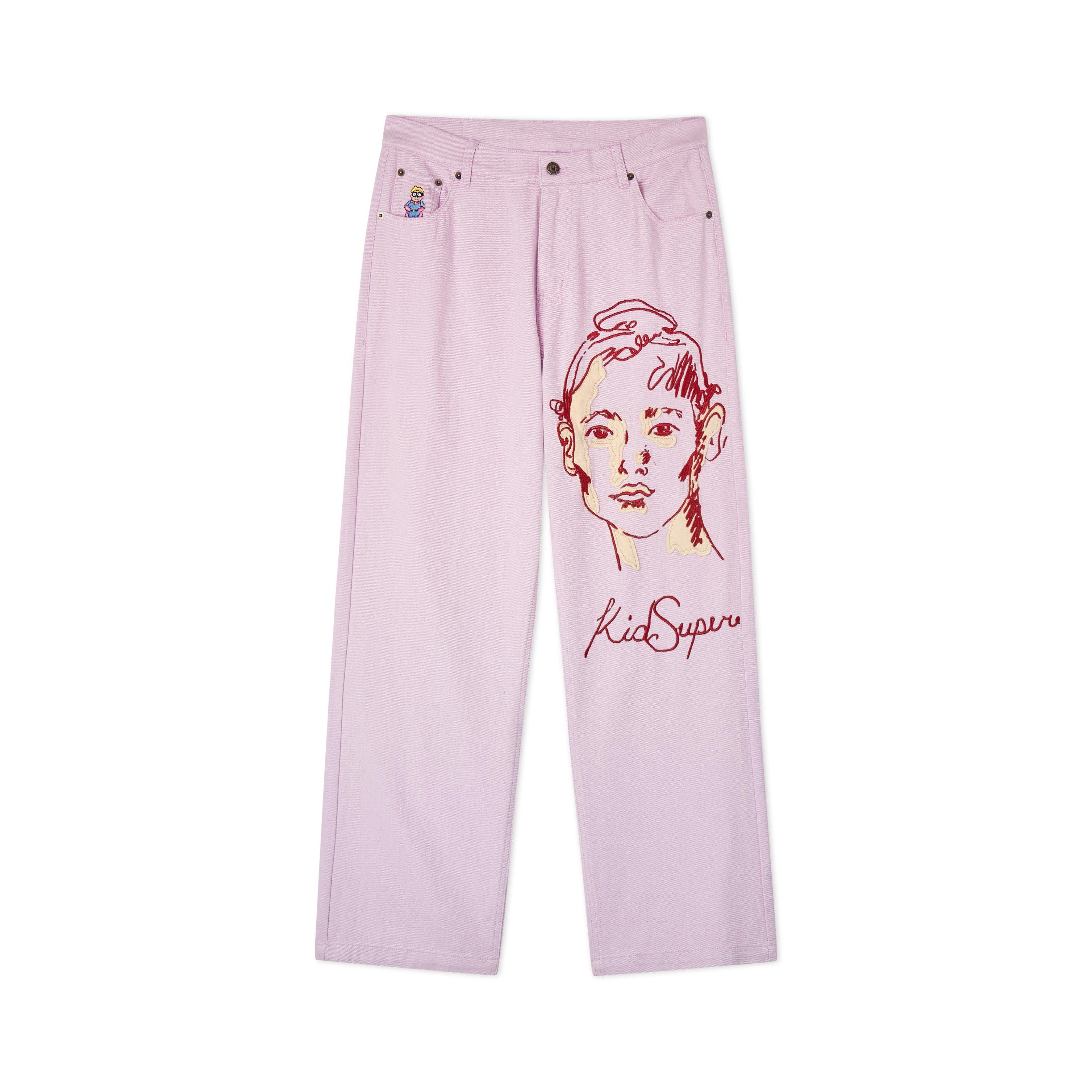 Embroidered Girl Face Denim Pants [Lavender]