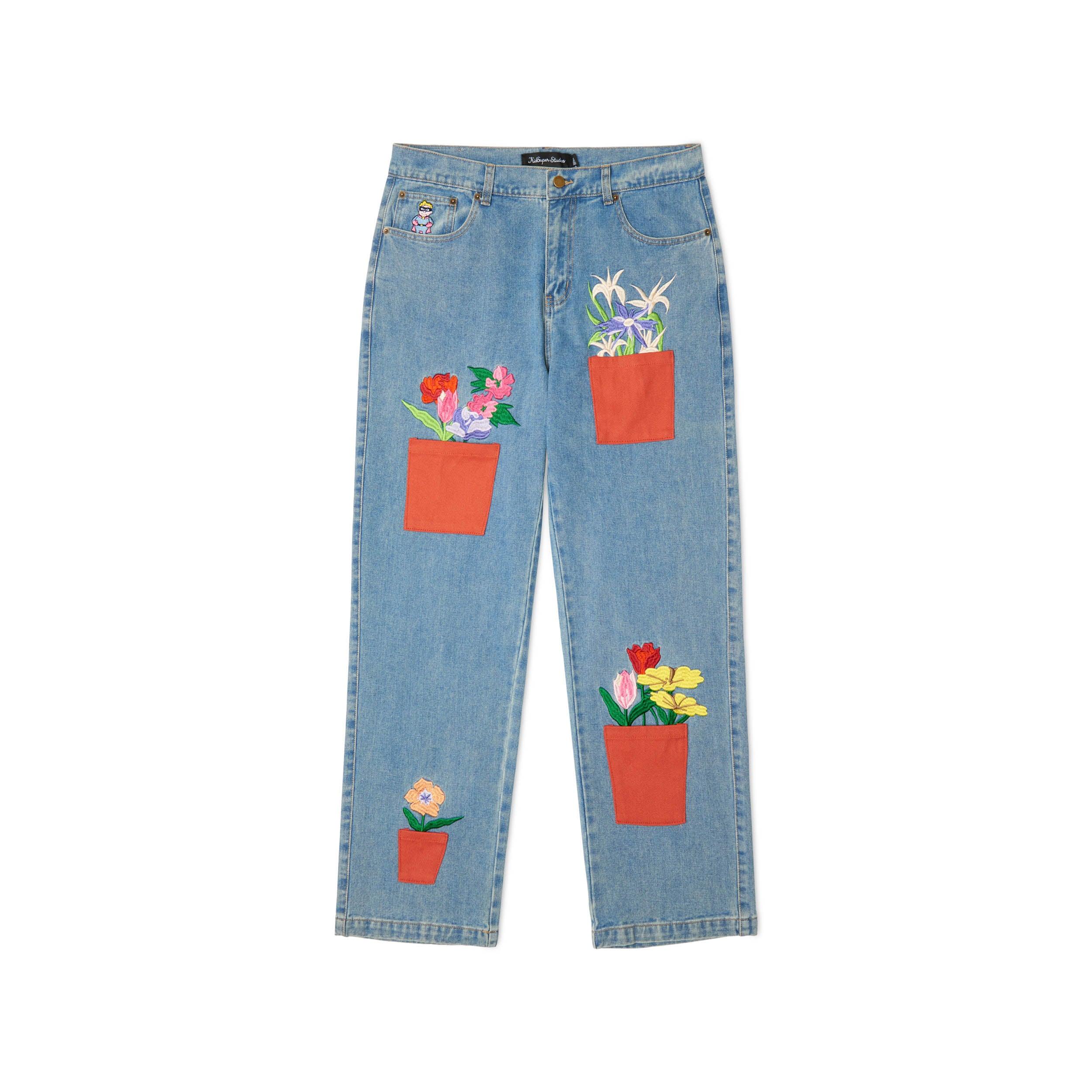 All Over Flower Pots Denim Jeans [Blue]